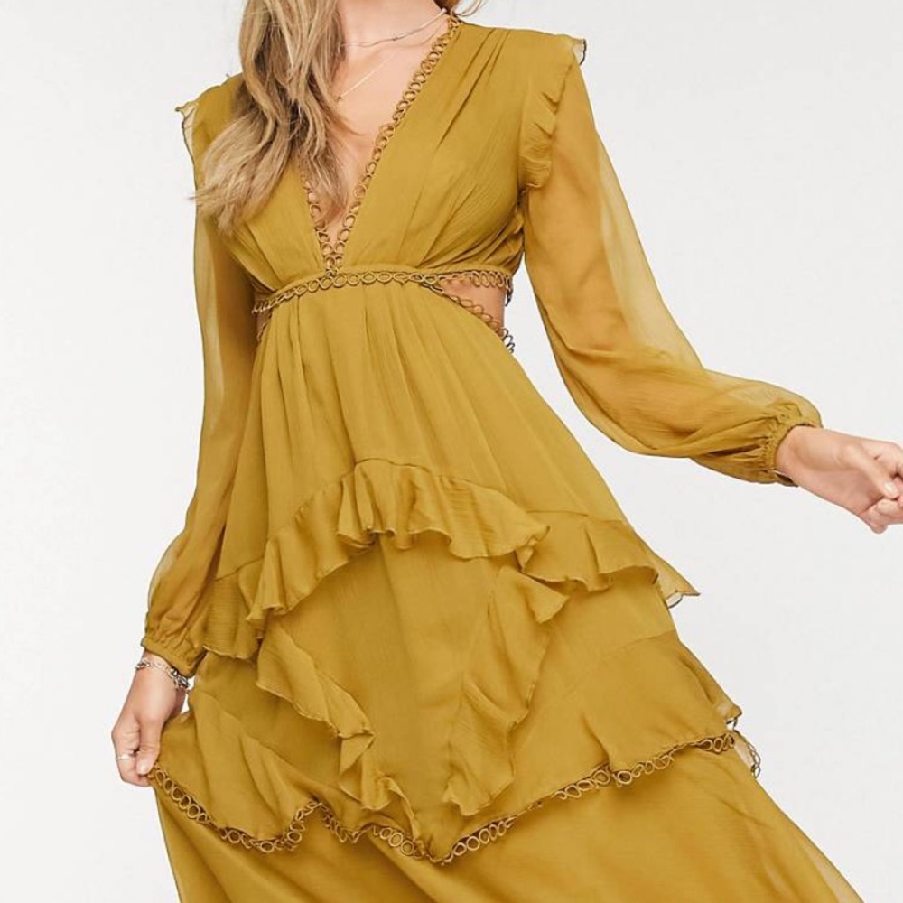 ASOS MIDI Dress w/ long sleeves Mustard color with circle trim